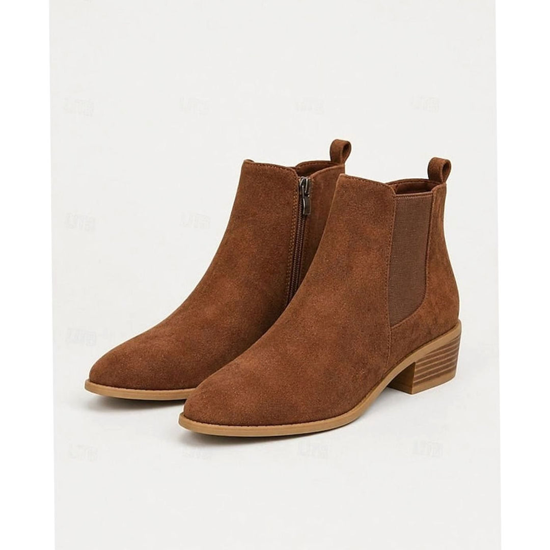 Women's Pointed-Toe Suede Chelsea Ankle Booties Low Block Heel - Dark Brown
