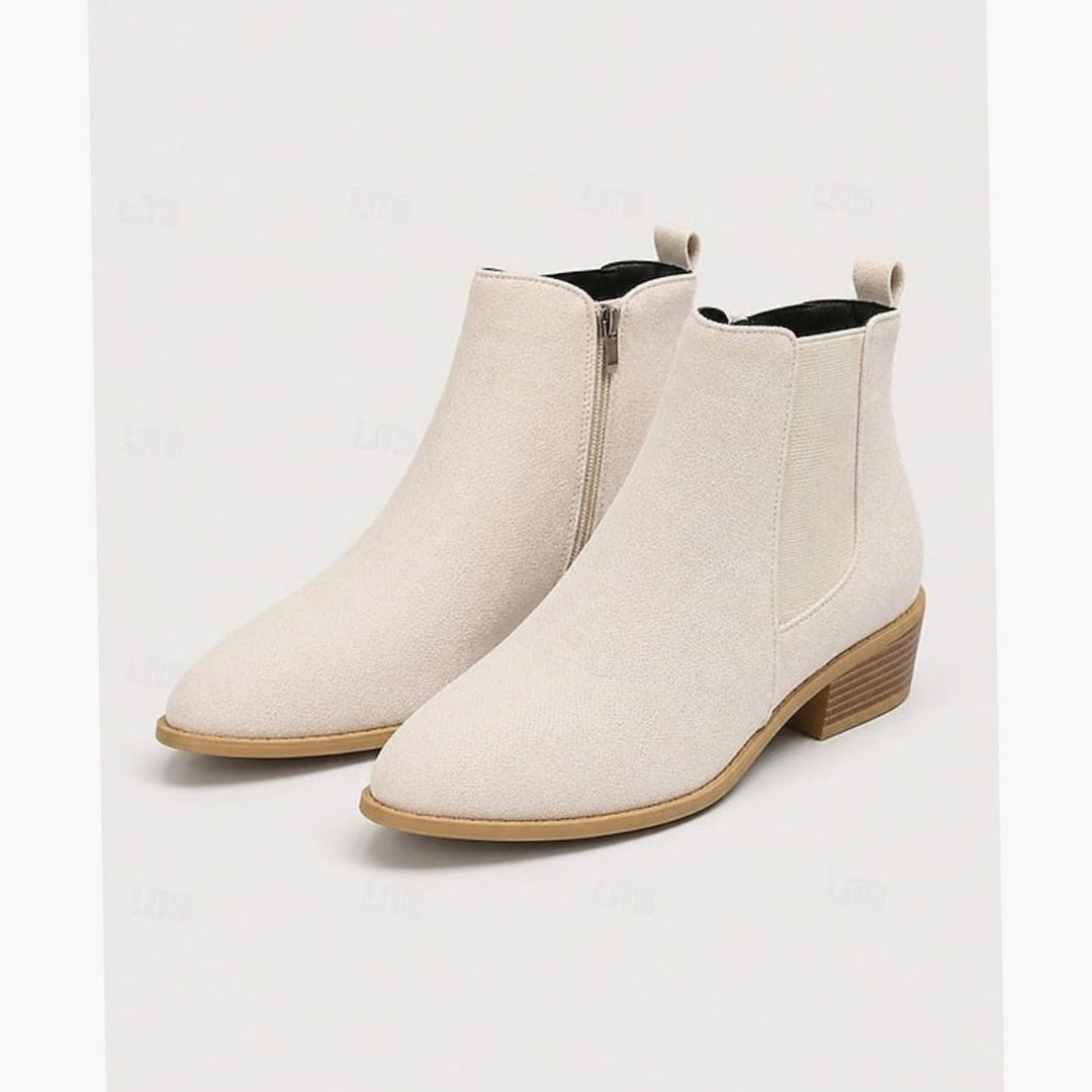 Women's Pointed-Toe Suede Chelsea Ankle Booties Low Block Heel - Beige