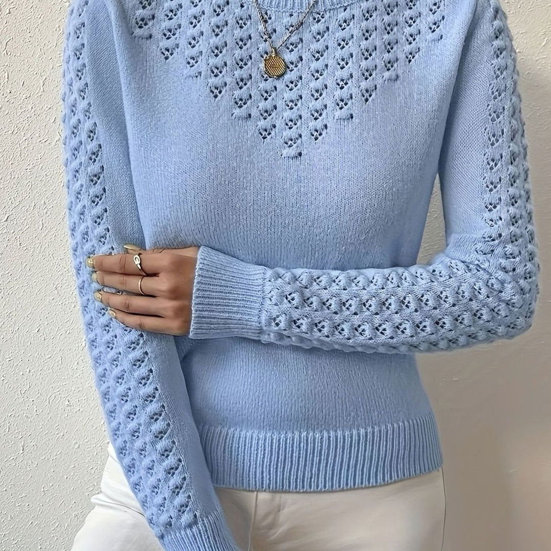 Women's Pointelle-Knit Round Neck Fitted Sweater - Light Blue