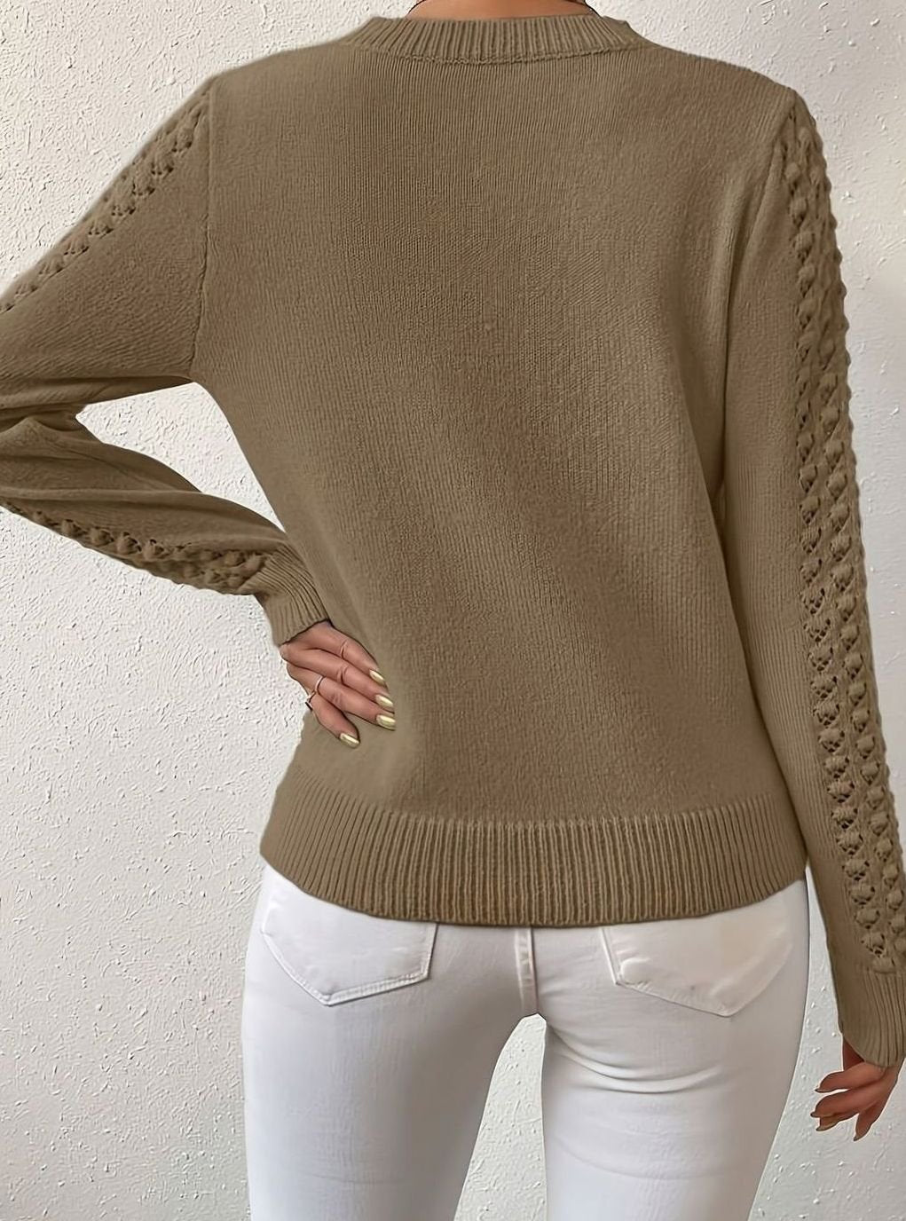 Women's Pointelle-Knit Round Neck Fitted Sweater