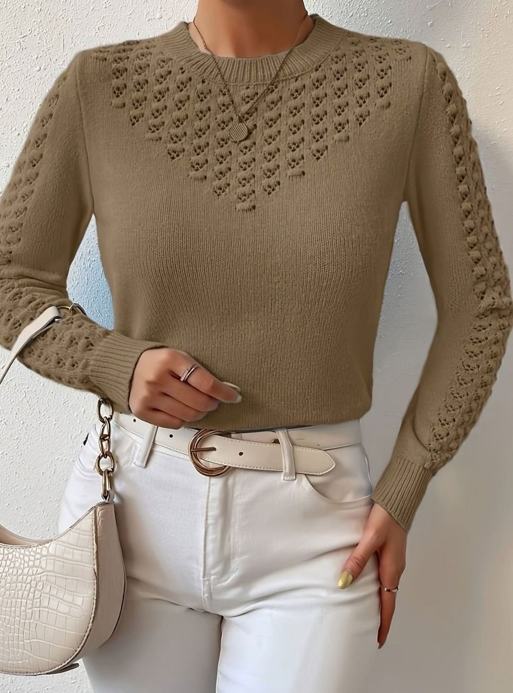 Women's Pointelle-Knit Round Neck Fitted Sweater