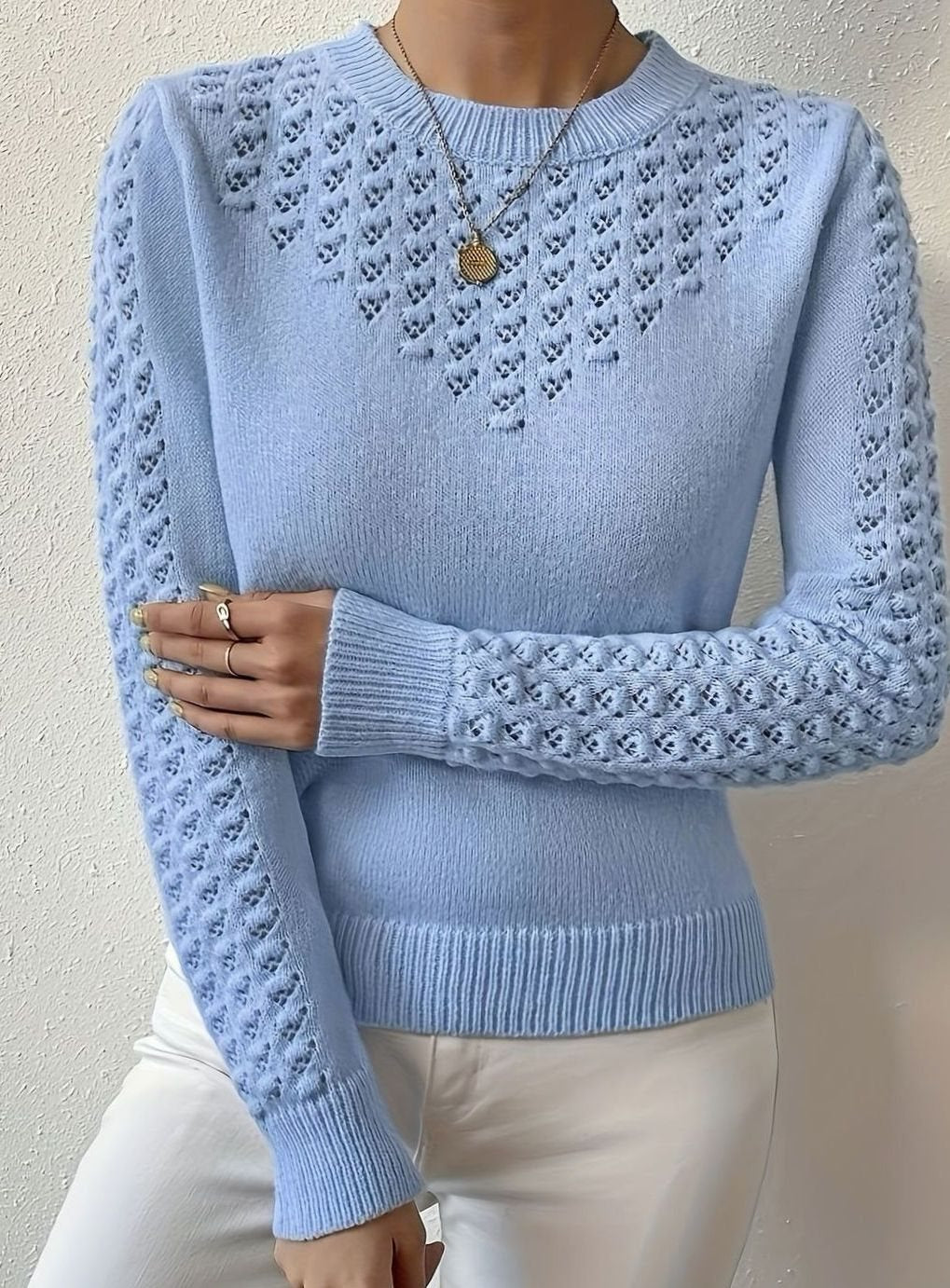 Women's Pointelle-Knit Round Neck Fitted Sweater