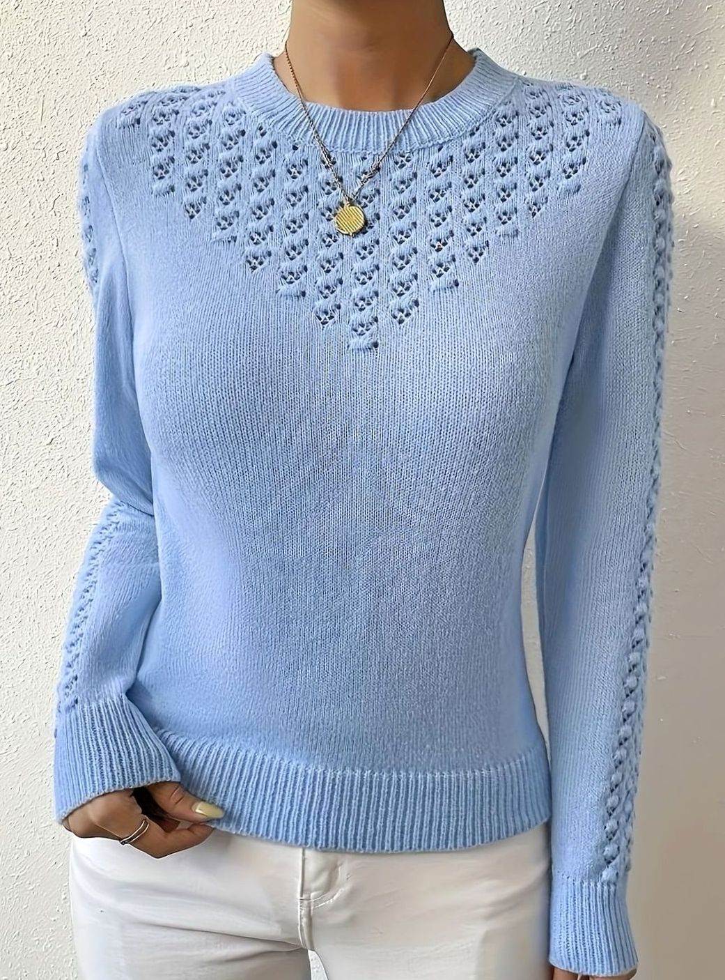 Women's Pointelle-Knit Round Neck Fitted Sweater