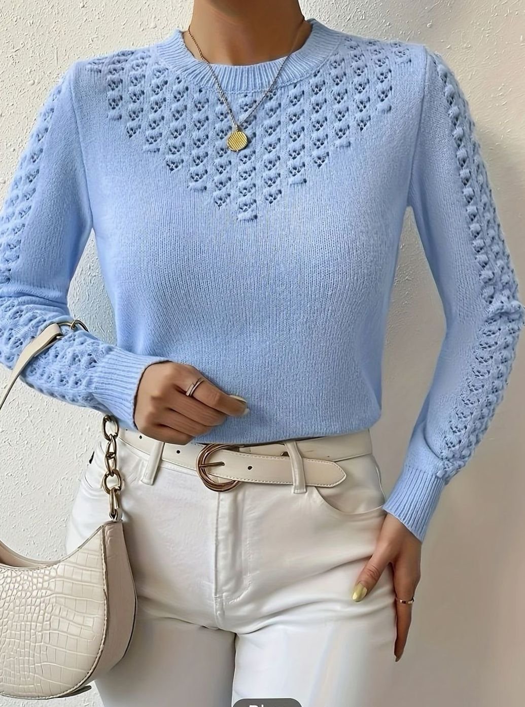 Women's Pointelle-Knit Round Neck Fitted Sweater