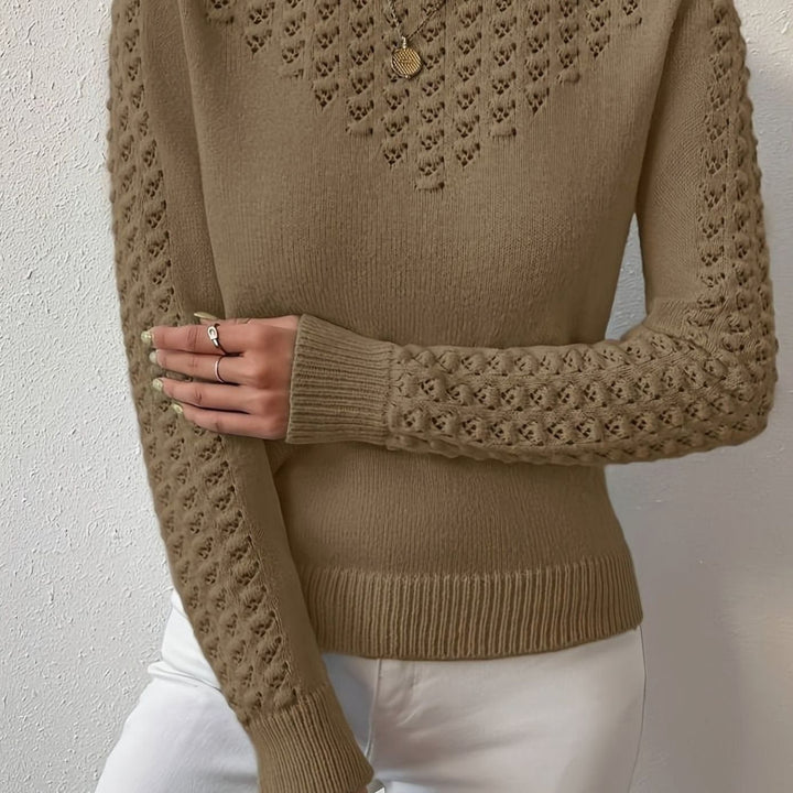 Women's Pointelle-Knit Round Neck Fitted Sweater - Brown
