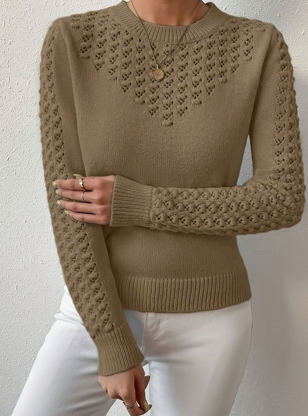 Women's Pointelle-Knit Round Neck Fitted Sweater