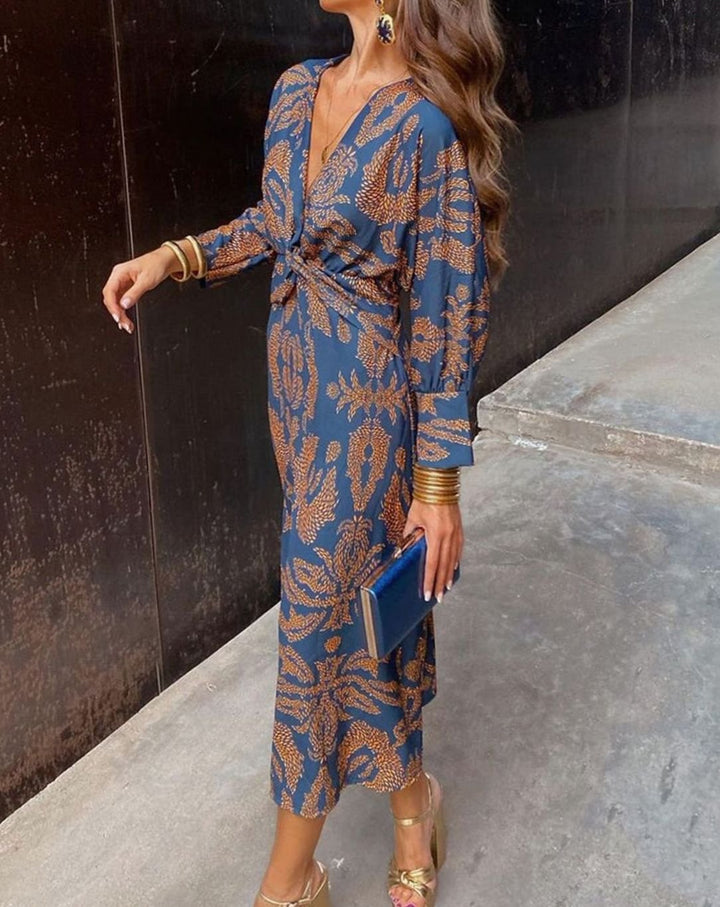 Women's Printed V-Neck Knotted Front Long Sleeve Maxi Dress - Blue
