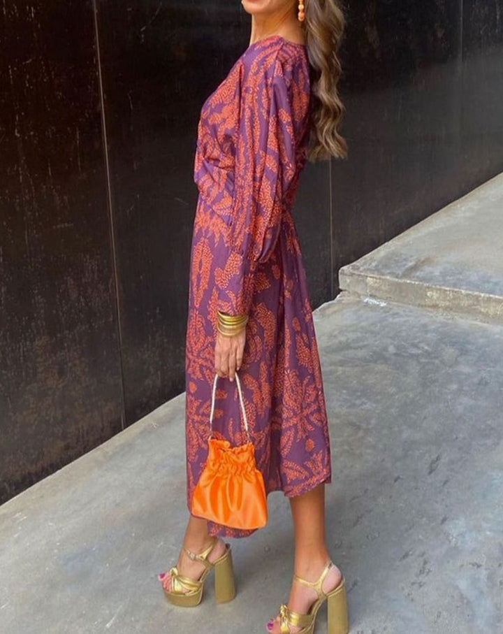 Women's Printed V-Neck Knotted Front Long Sleeve Maxi Dress - Purple
