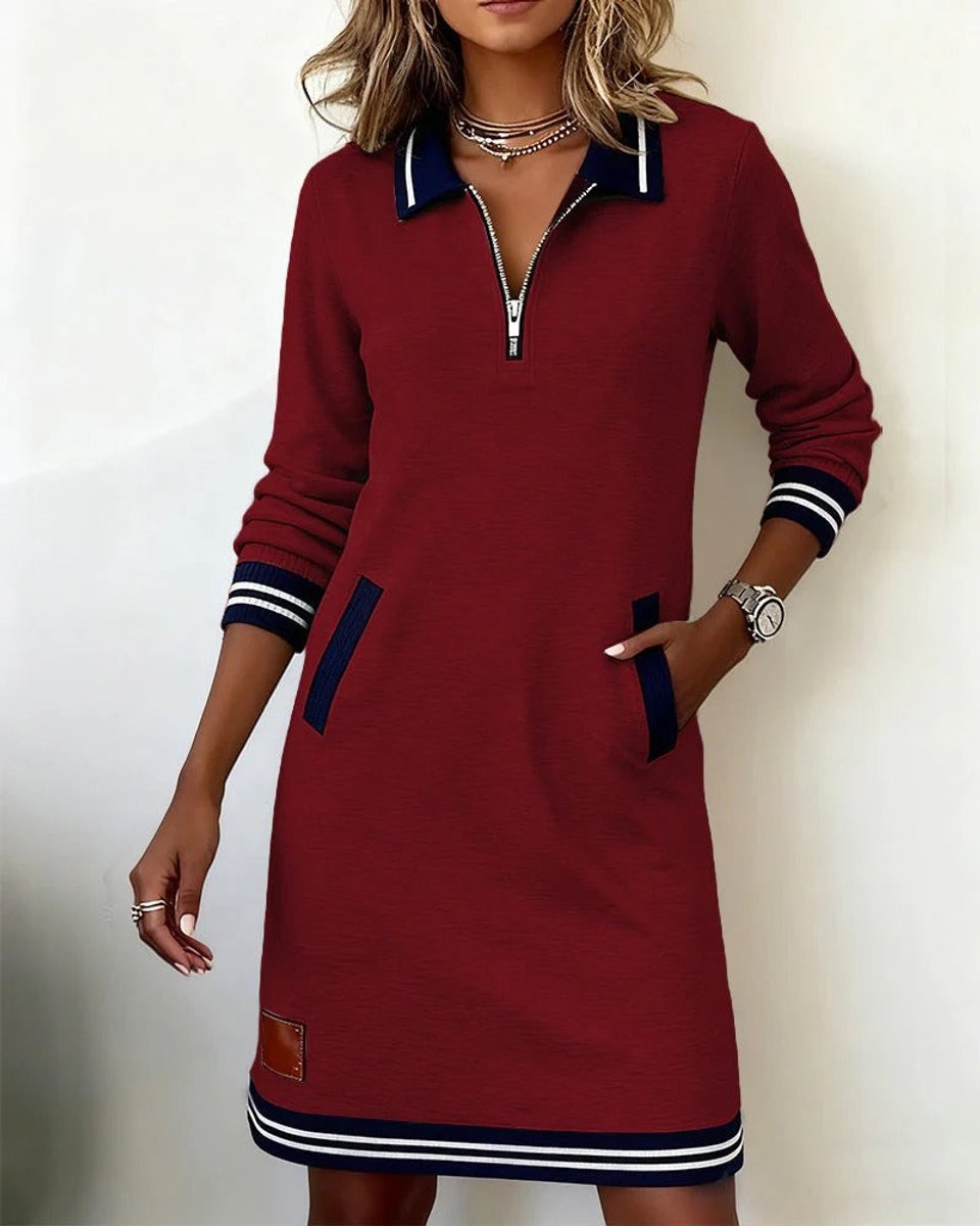 Women's Quarter-Zip Long Sleeve Dress Cotton Blend Polo Midi