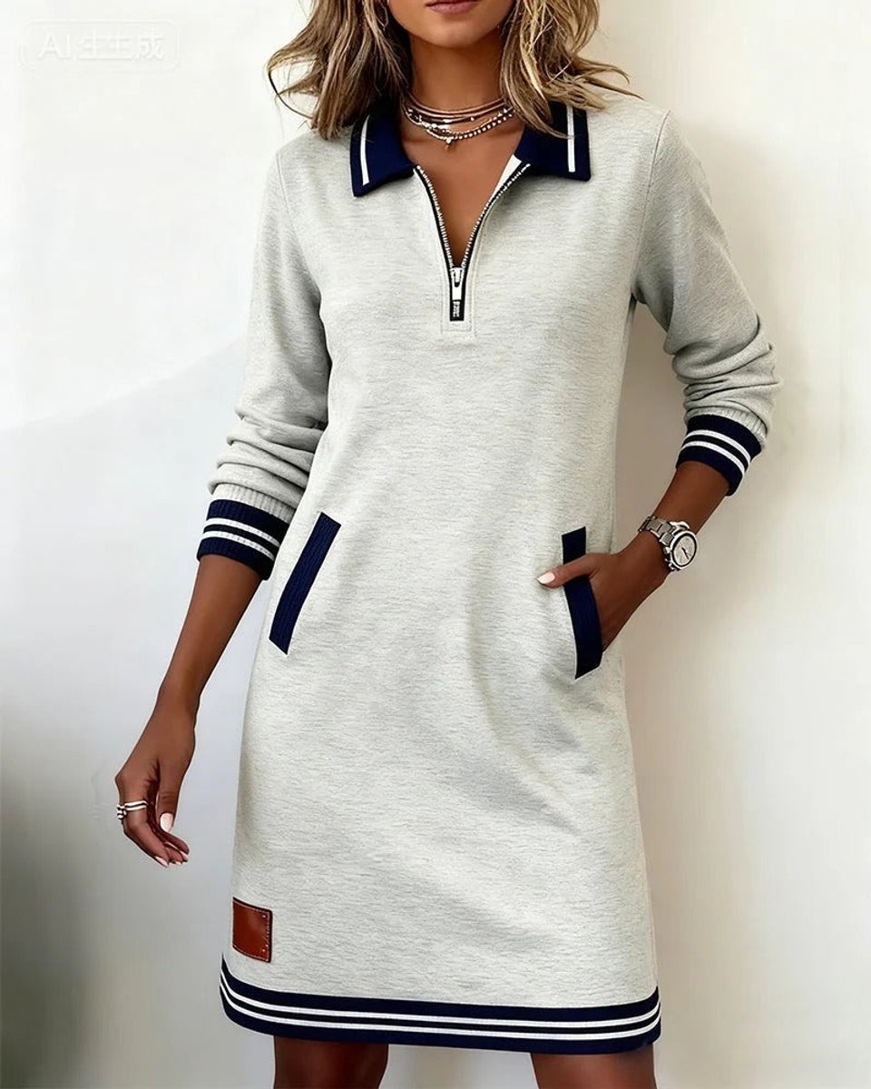 Women's Quarter-Zip Long Sleeve Dress Cotton Blend Polo Midi - Gray