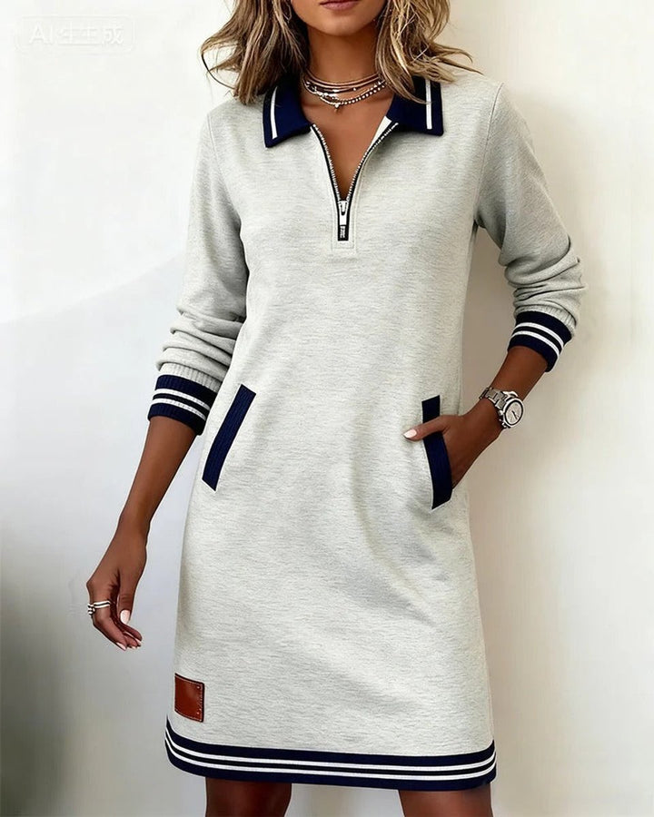 Women's Quarter-Zip Long Sleeve Dress Cotton Blend Polo Midi - Gray