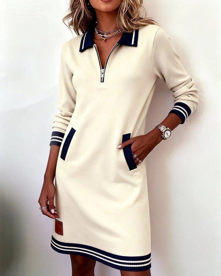 Women's Quarter-Zip Long Sleeve Dress Cotton Blend Polo Midi - White