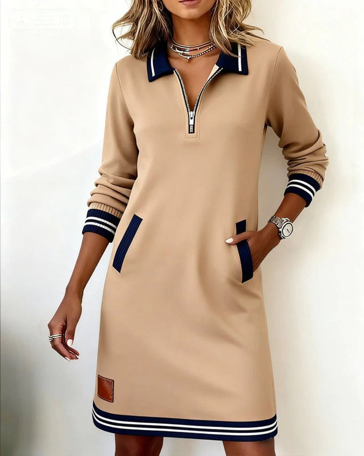 Women's Quarter-Zip Long Sleeve Dress Cotton Blend Polo Midi - Beige