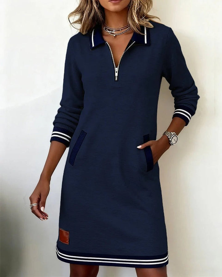 Women's Quarter-Zip Long Sleeve Dress Cotton Blend Polo Midi - Navy Blue