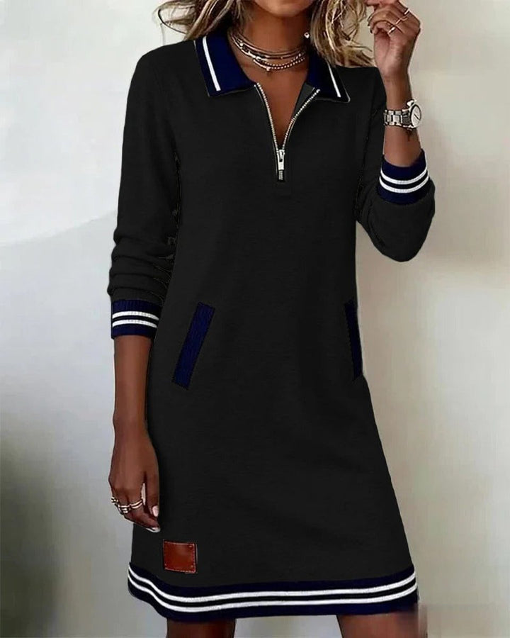 Women's Quarter-Zip Long Sleeve Dress Cotton Blend Polo Midi