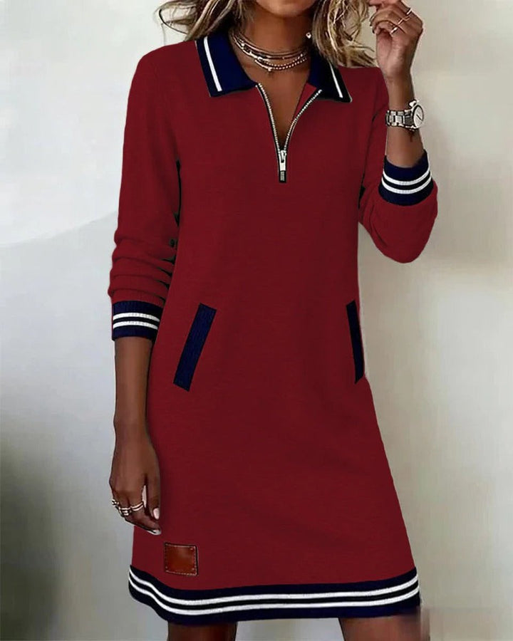Women's Quarter-Zip Long Sleeve Dress Cotton Blend Polo Midi