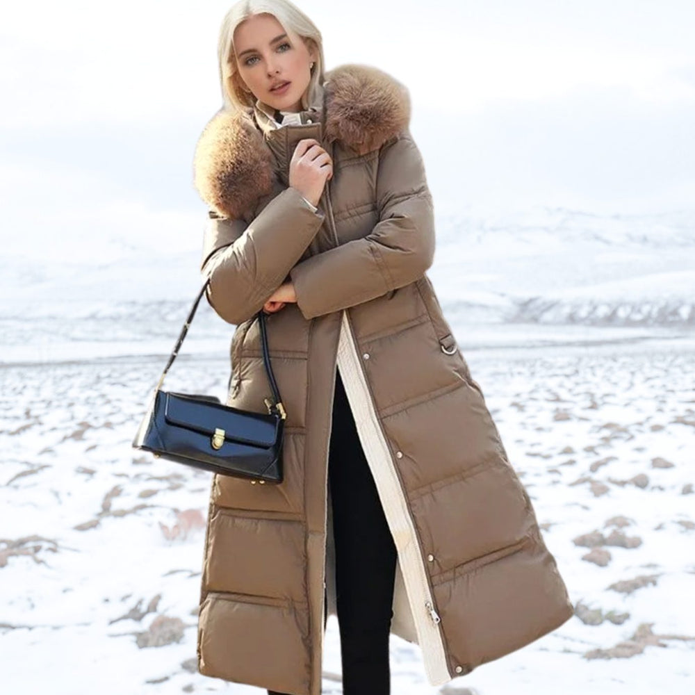 Women's Quilted Faux Fur Hooded Long Puffer Coat - Coffee