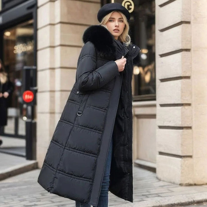 Women's Quilted Faux Fur Hooded Long Puffer Coat - Black