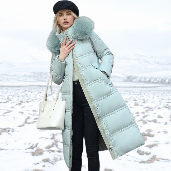 Women's Quilted Faux Fur Hooded Long Puffer Coat - Blue