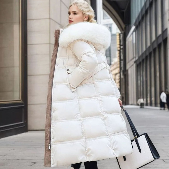 Women's Quilted Faux Fur Hooded Long Puffer Coat - White