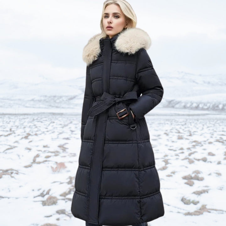 Women's Quilted Faux Fur Hooded Long Puffer Coat - Black with Beige Collar