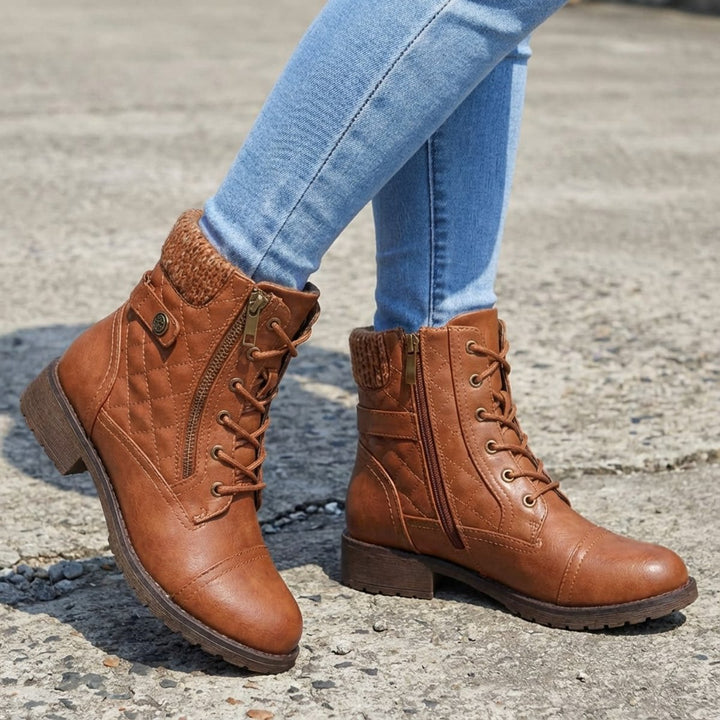 Women's Quilted Faux Leather Lace-Up Side-Zip Ankle Boots - Brown