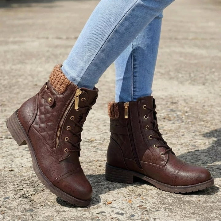 Women's Quilted Faux Leather Lace-Up Side-Zip Ankle Boots