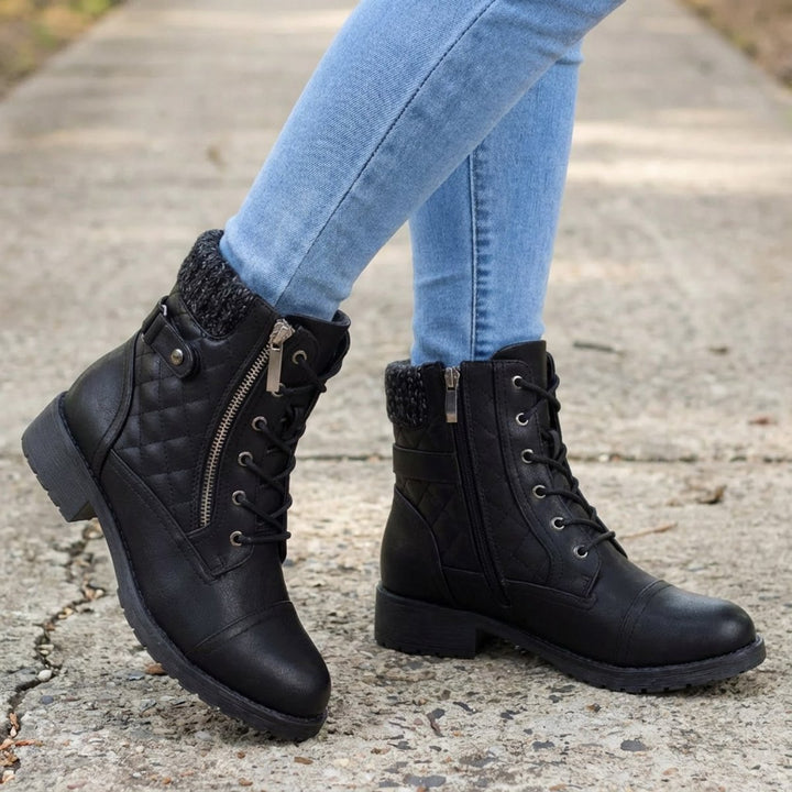 Women's Quilted Faux Leather Lace-Up Side-Zip Ankle Boots - Black