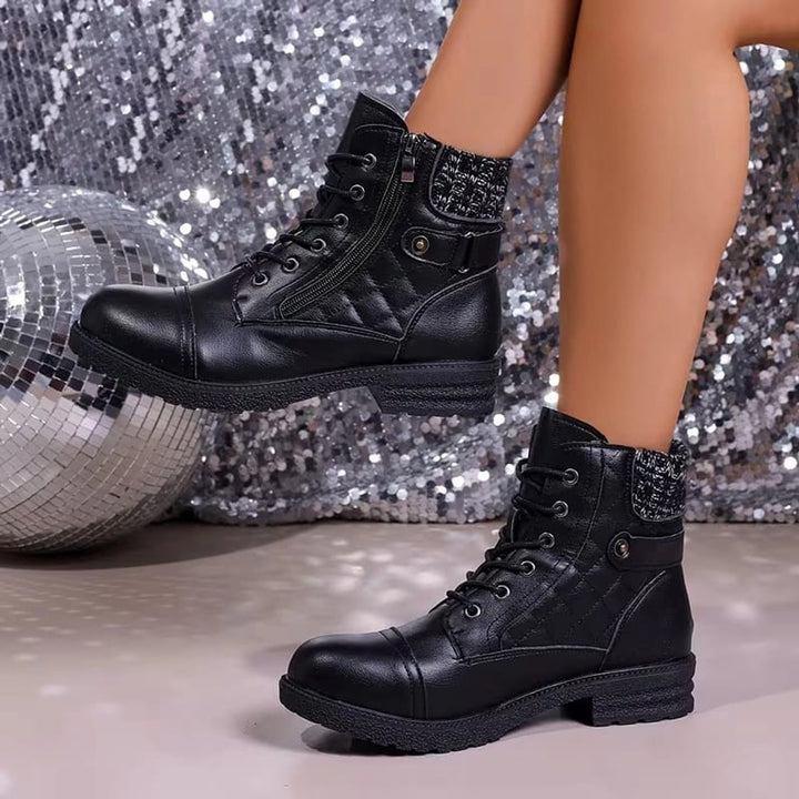 Women's Quilted Faux Leather Lace-Up Side-Zip Ankle Boots
