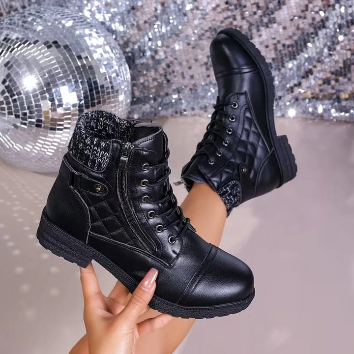 Women's Quilted Faux Leather Lace-Up Side-Zip Ankle Boots