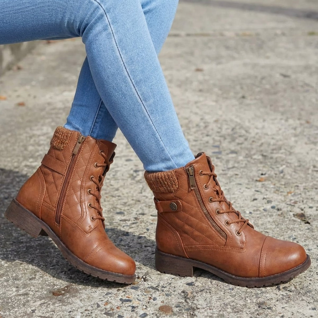 Women's Quilted Faux Leather Lace-Up Side-Zip Ankle Boots