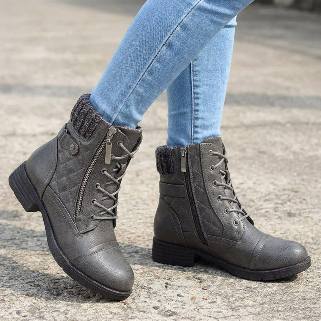 Women's Quilted Faux Leather Lace-Up Side-Zip Ankle Boots - Gray