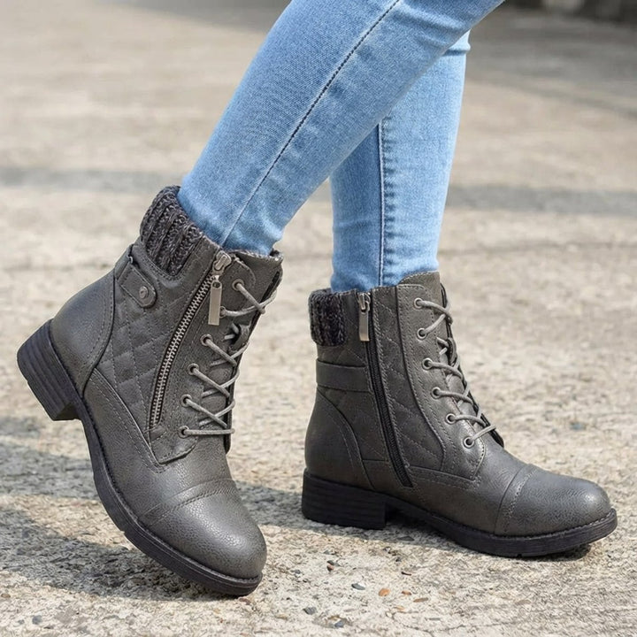 Women's Quilted Faux Leather Lace-Up Side-Zip Ankle Boots - Gray