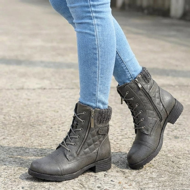 Women's Quilted Faux Leather Lace-Up Side-Zip Ankle Boots