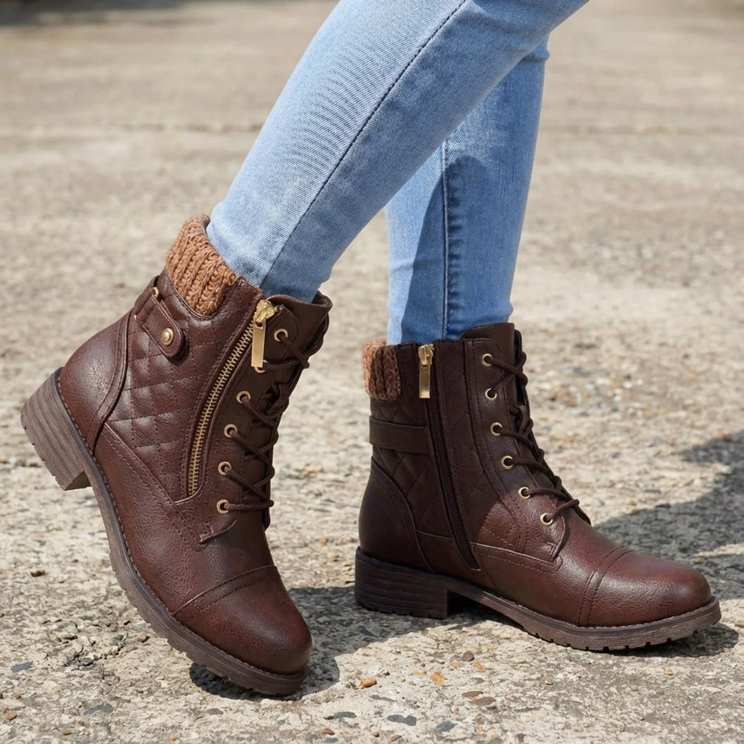 Women's Quilted Faux Leather Lace-Up Side-Zip Ankle Boots - Dark Brown