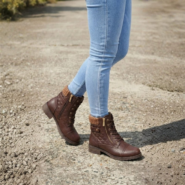 Women's Quilted Faux Leather Lace-Up Side-Zip Ankle Boots