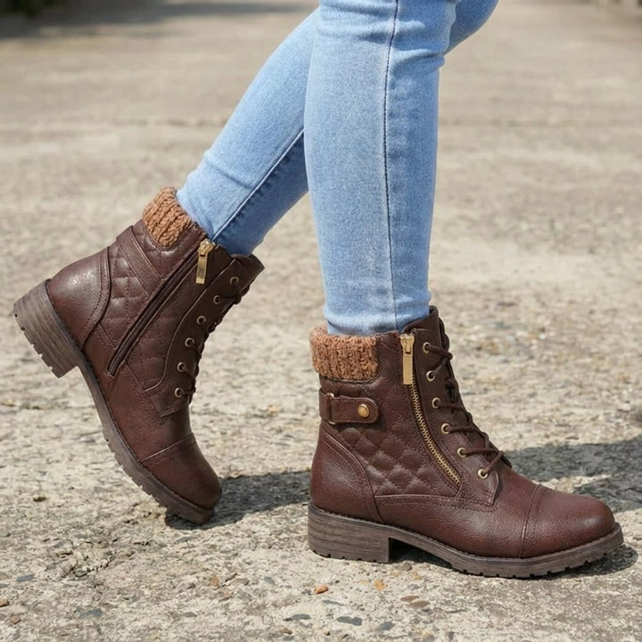 Women's Quilted Faux Leather Lace-Up Side-Zip Ankle Boots