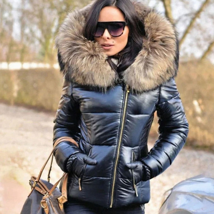 Women's Quilted Fur Hood Puffer Coat Fitted Zip-Front Jacket - Black