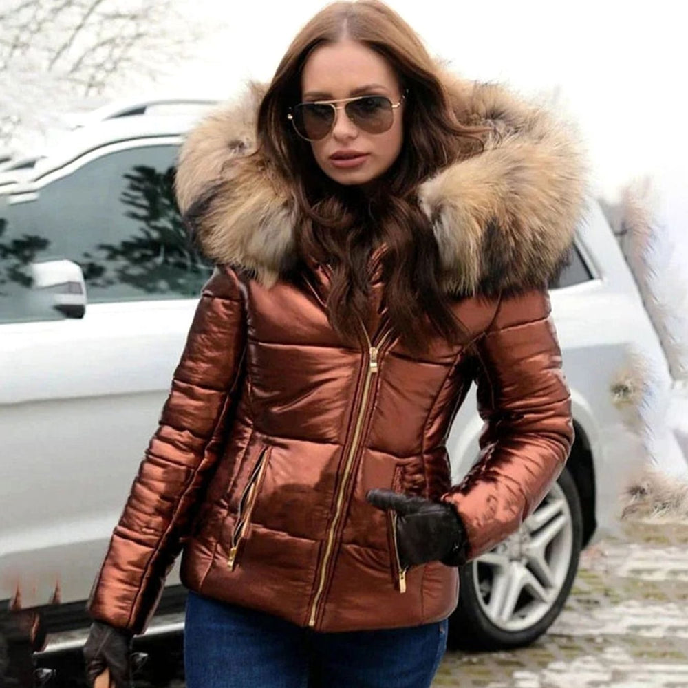 Women's Quilted Fur Hood Puffer Coat Fitted Zip-Front Jacket - Dark Brown