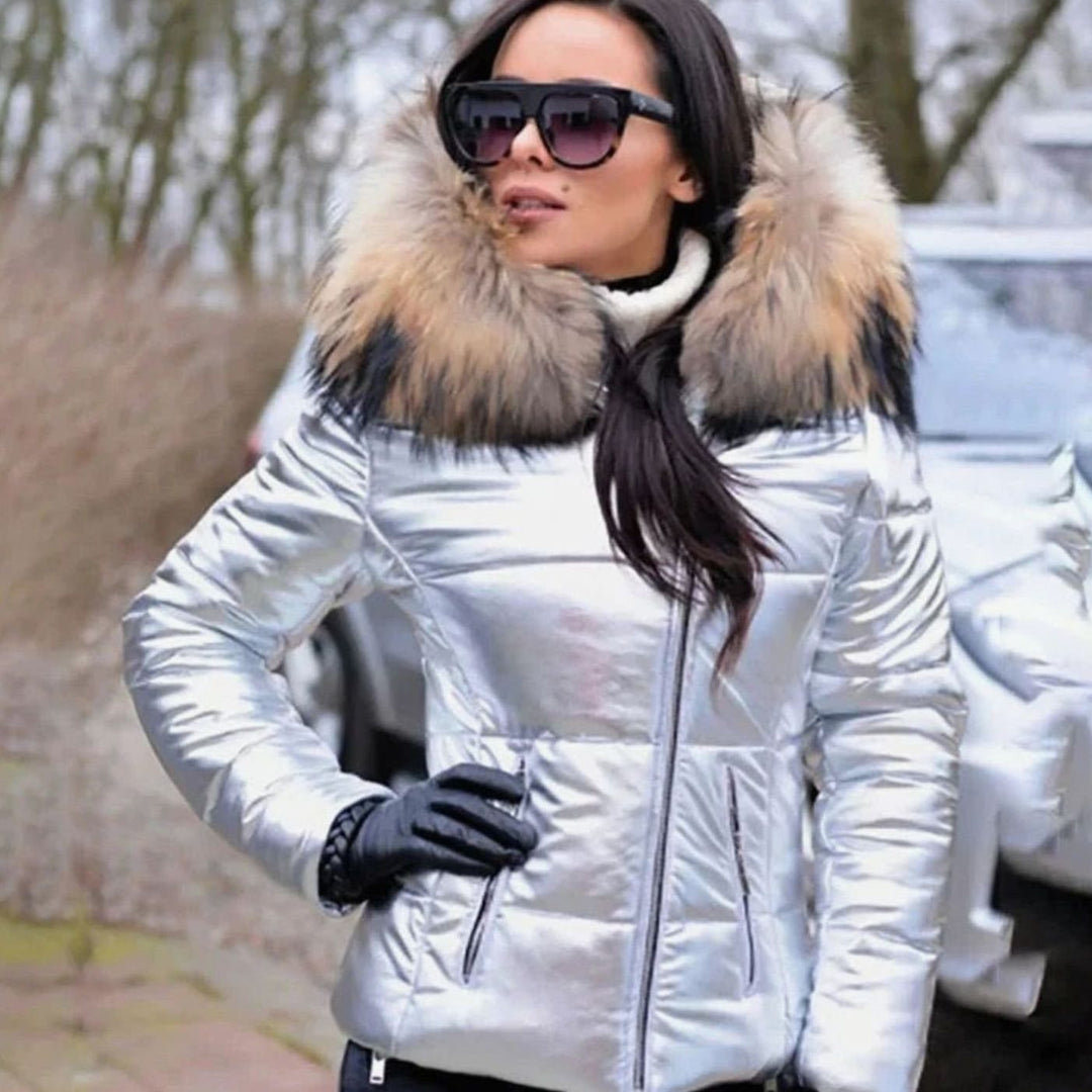 Women's Quilted Fur Hood Puffer Coat Fitted Zip-Front Jacket - White