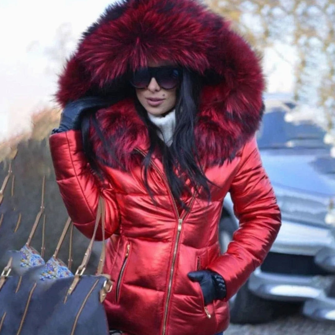 Women's Quilted Fur Hood Puffer Coat Fitted Zip-Front Jacket - Red