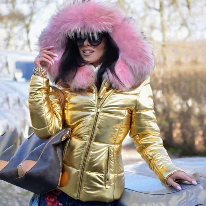 Women's Quilted Fur Hood Puffer Coat Fitted Zip-Front Jacket - Gold