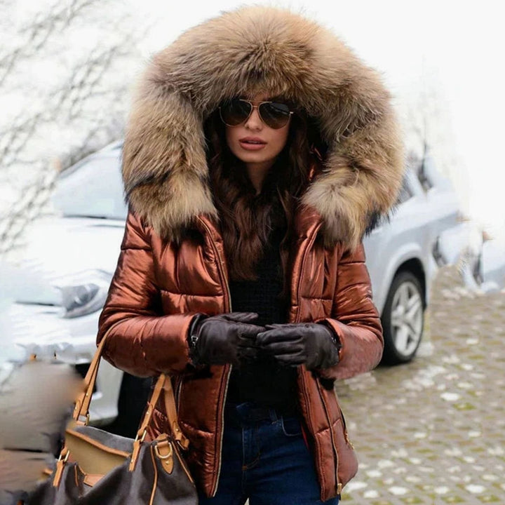 Women's Quilted Fur Hood Puffer Coat Fitted Zip-Front Jacket