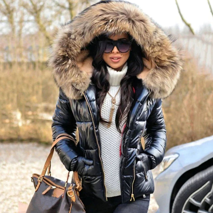 Women's Quilted Fur Hood Puffer Coat Fitted Zip-Front Jacket