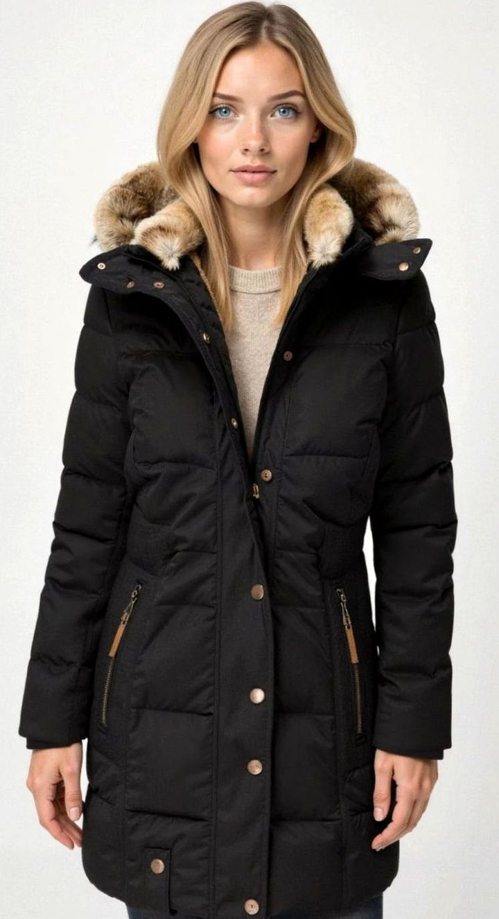 Women's Quilted Hooded Puffer Coat Faux Fur Longline Jacket - Black