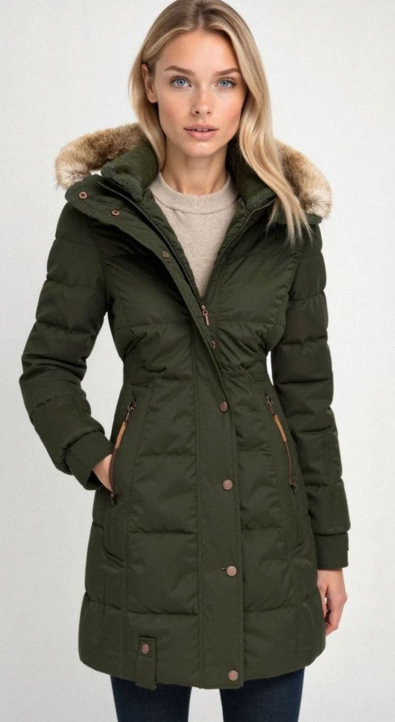 Women's Quilted Hooded Puffer Coat Faux Fur Longline Jacket - Green