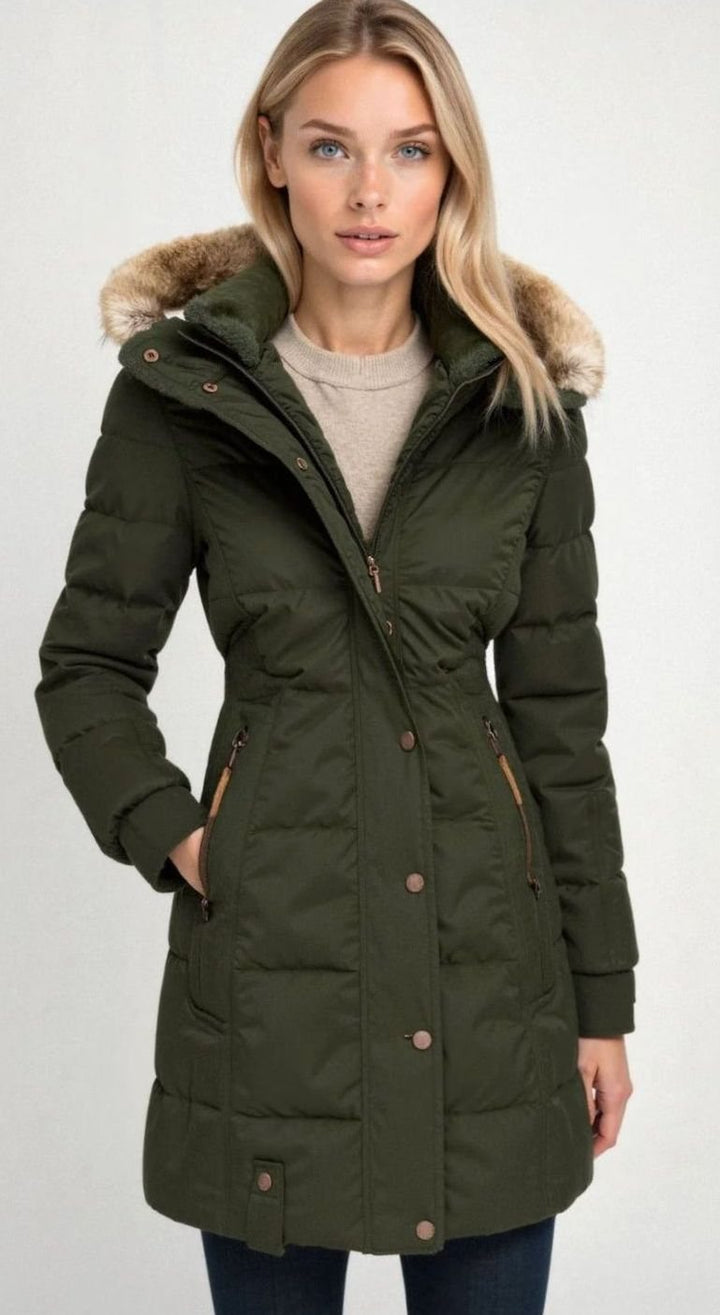 Women's Quilted Hooded Puffer Coat Faux Fur Longline Jacket - Green