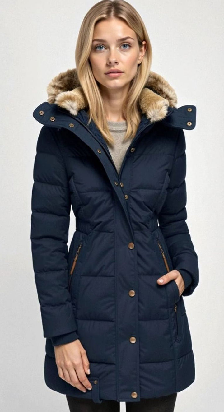 Women's Quilted Hooded Puffer Coat Faux Fur Longline Jacket - Blue