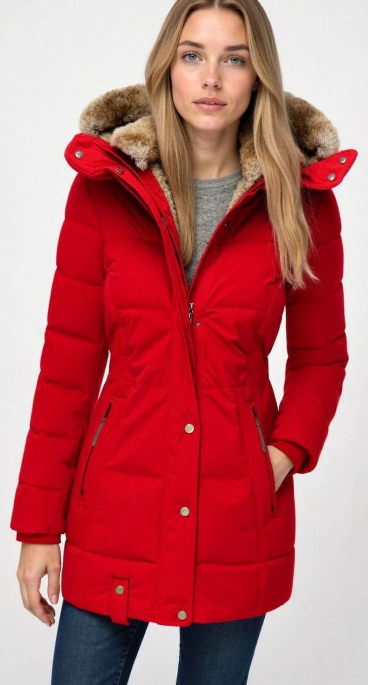 Women's Quilted Hooded Puffer Coat Faux Fur Longline Jacket - Red