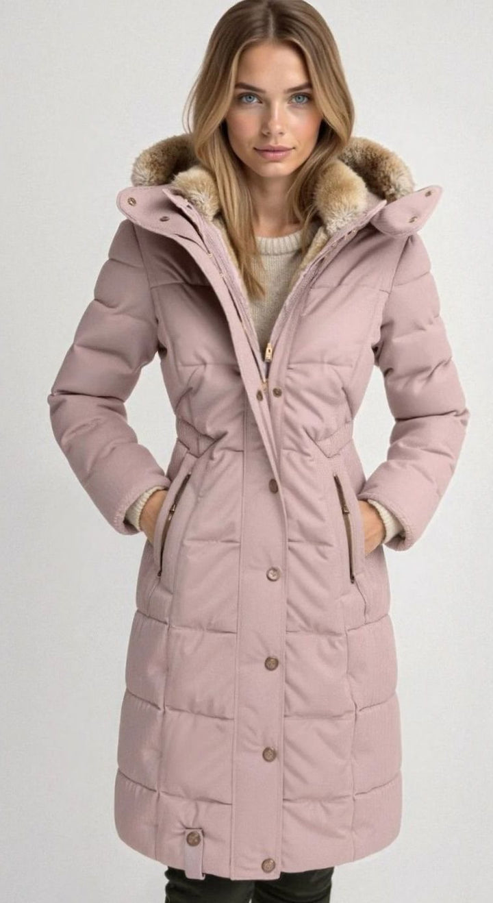 Women's Quilted Hooded Puffer Coat Faux Fur Longline Jacket - Pink